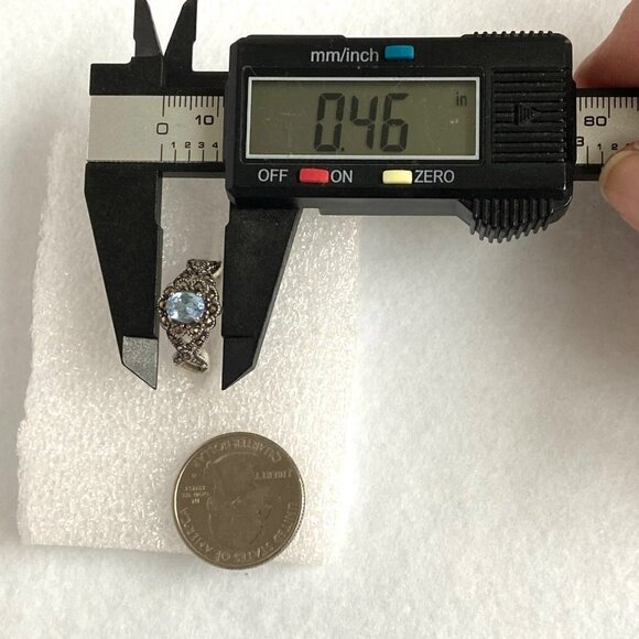 Sterling Silver 925 Oval Blue Topaz & Marcasite Floral Split Shank Ring Sz 7.5 - Picture 15 of 16